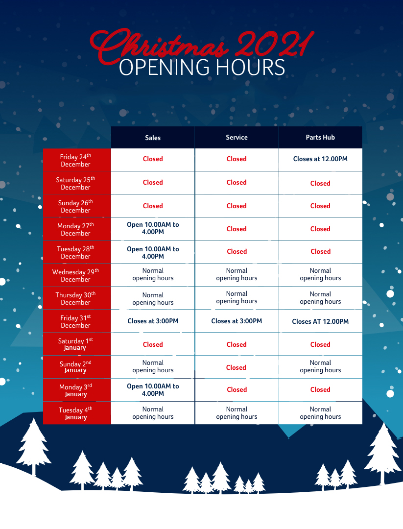 Robins & Day Christmas Opening Hours 2021